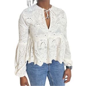 Kooples Embroidery Cotton Tie Neck boho Bohemian Lace Top